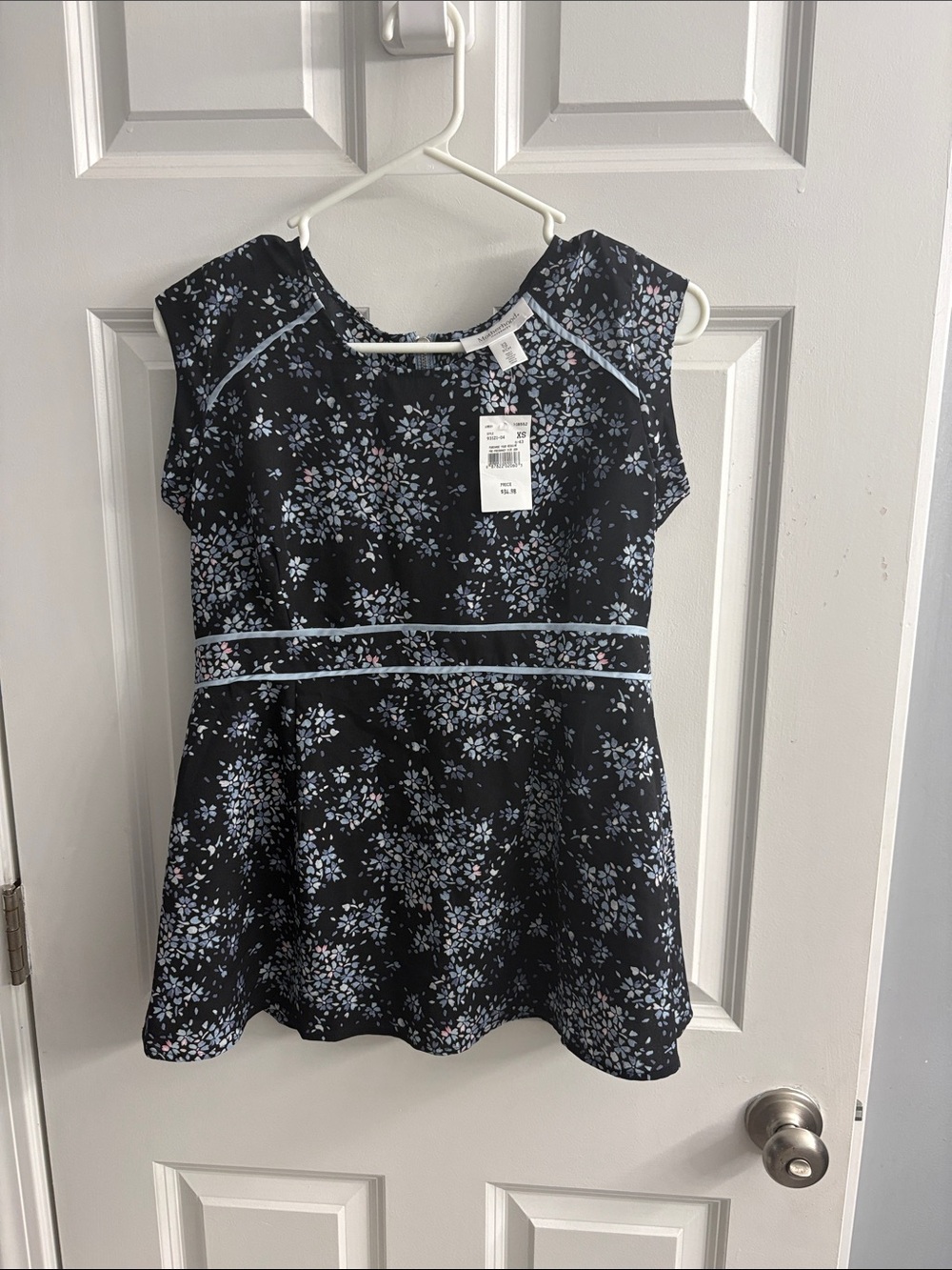 Motherhood Maternity Black Floral Fit-and-Flare Dress with Light Blue Trim